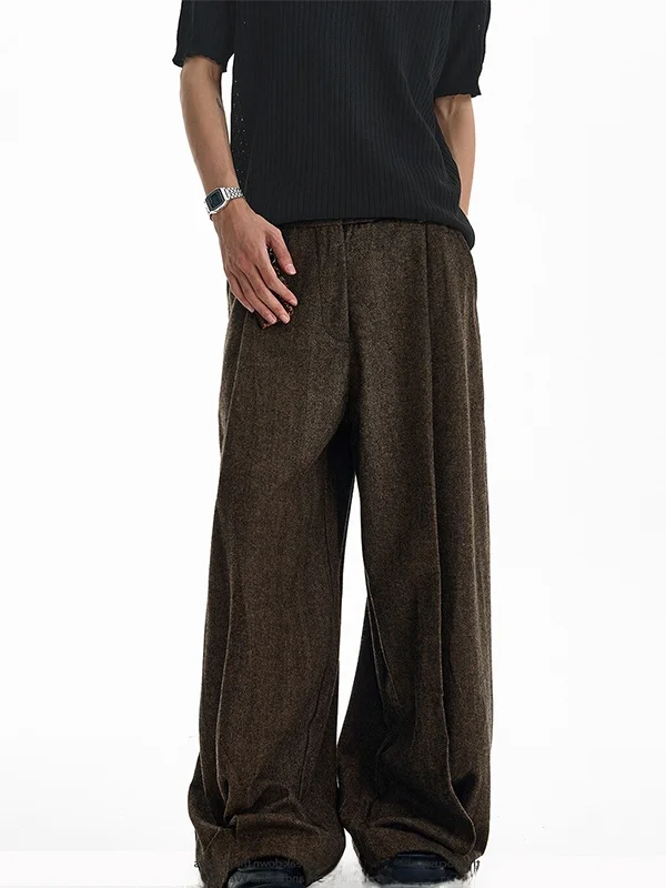 American Retro Woolen Men's Wide Leg Casual Pants High Waist Straight Cut Drapey Autumn Winter CleanFit Trousers