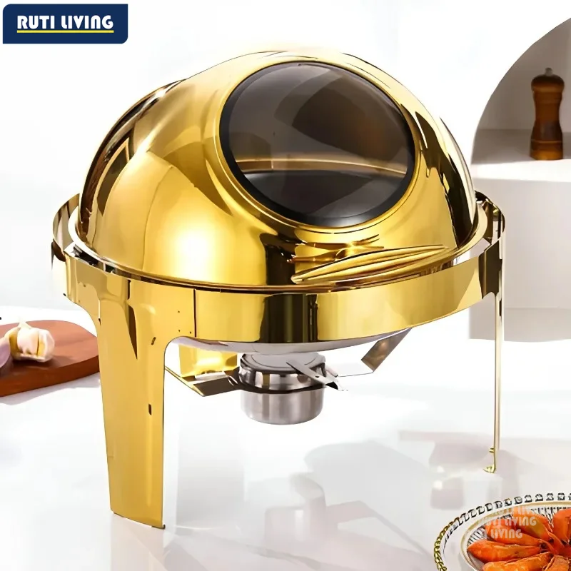 6L Large Roll Top Round Dining Silver Chafing Dish Food Warmer，Hotel Large Stainless Steel Gold Hot Pot