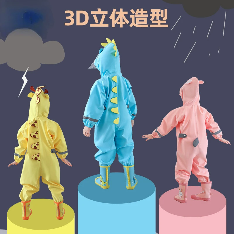 1-10 Years Old Children Raincoat Kids Boys Girls Waterproof Jumpsuit Hooded One-Piece Cartoon Dinosaur Baby Rainwear and Pants