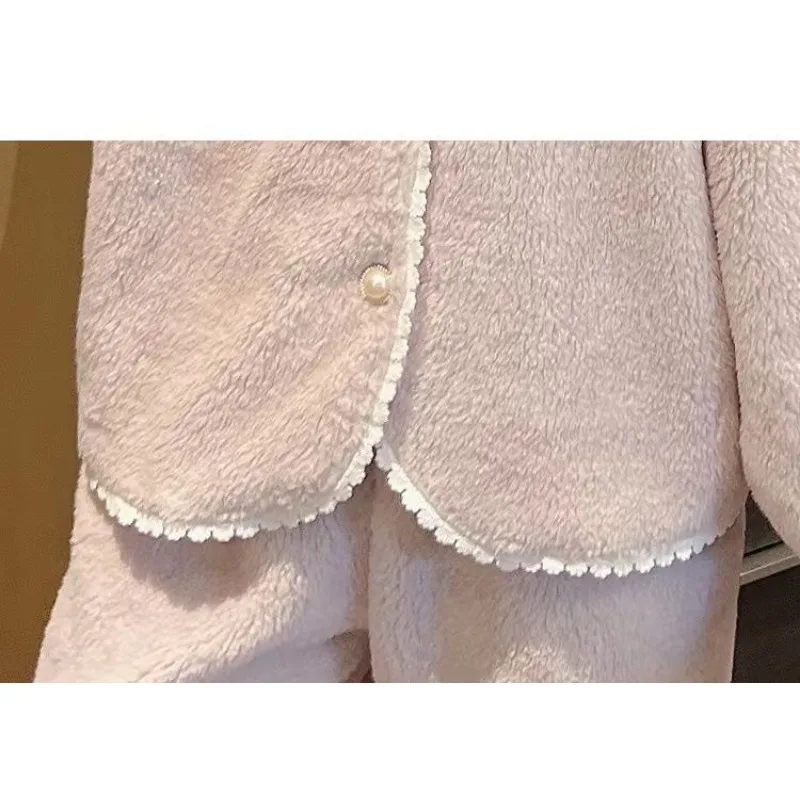 Women Coral Velvet Pajamas Winter Fleece-Lined Padded Cardigan Homewear Suit Female Pure Color Round Neck Warm Nightclothes Suit