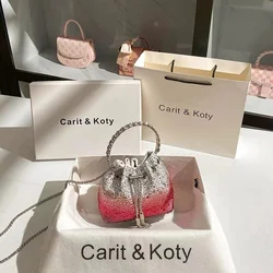 Crystal Shiny Diamonds Bucket Bag Women Fashion Handbag Metal Ring Handle Evening Bag Wedding Party Clutch Purse Crossbody Bag