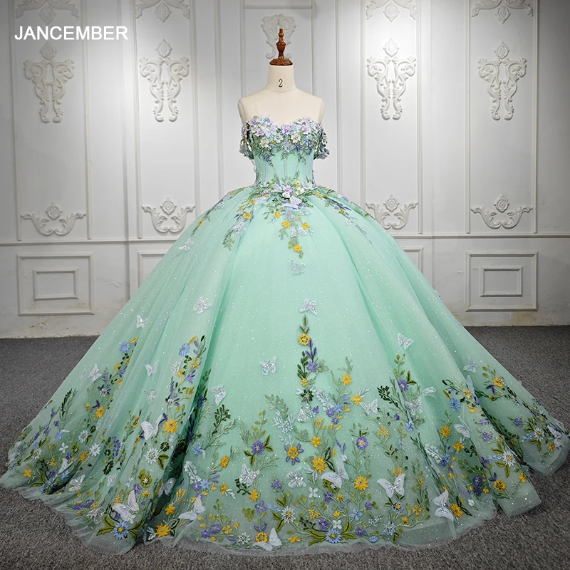 JANCEMBER Romantic Mint Green Quinceanera Dress For 15 Party Princess Appliques Flowers Birthday Party Dress DY6536 Bar Mitzvah