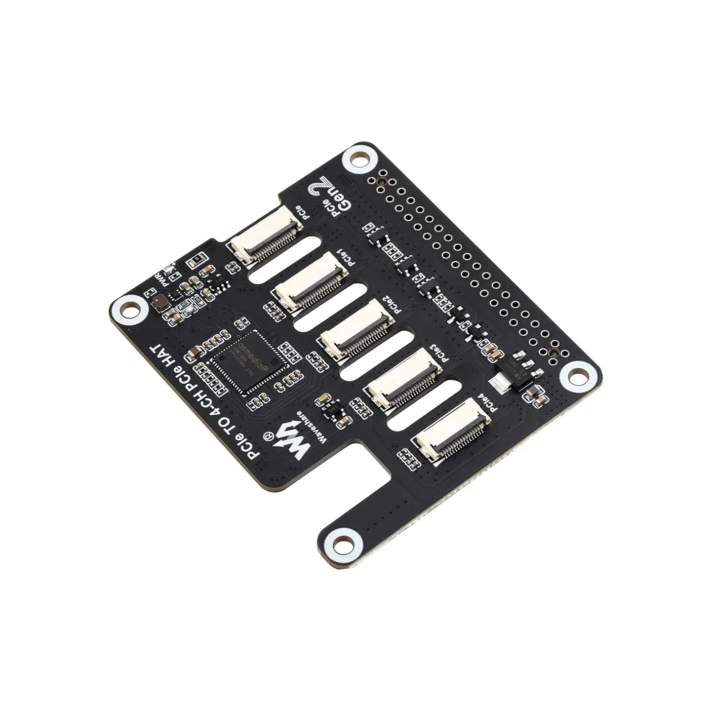 

Four-channel PCIe FFC one-to-four expansion board, superimposed on a variety of PCIe HAT modules