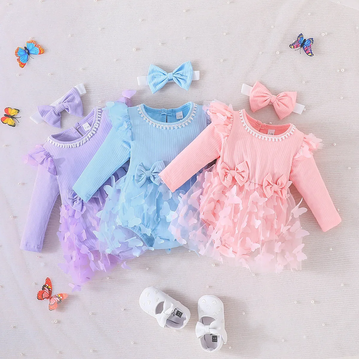 Baby Girl Butterfly Tulle Romper Dress Long Sleeve Ruffle Bodysuit with Bow Headband Newborn Wedding Outfit Baptism Gown ZYD47