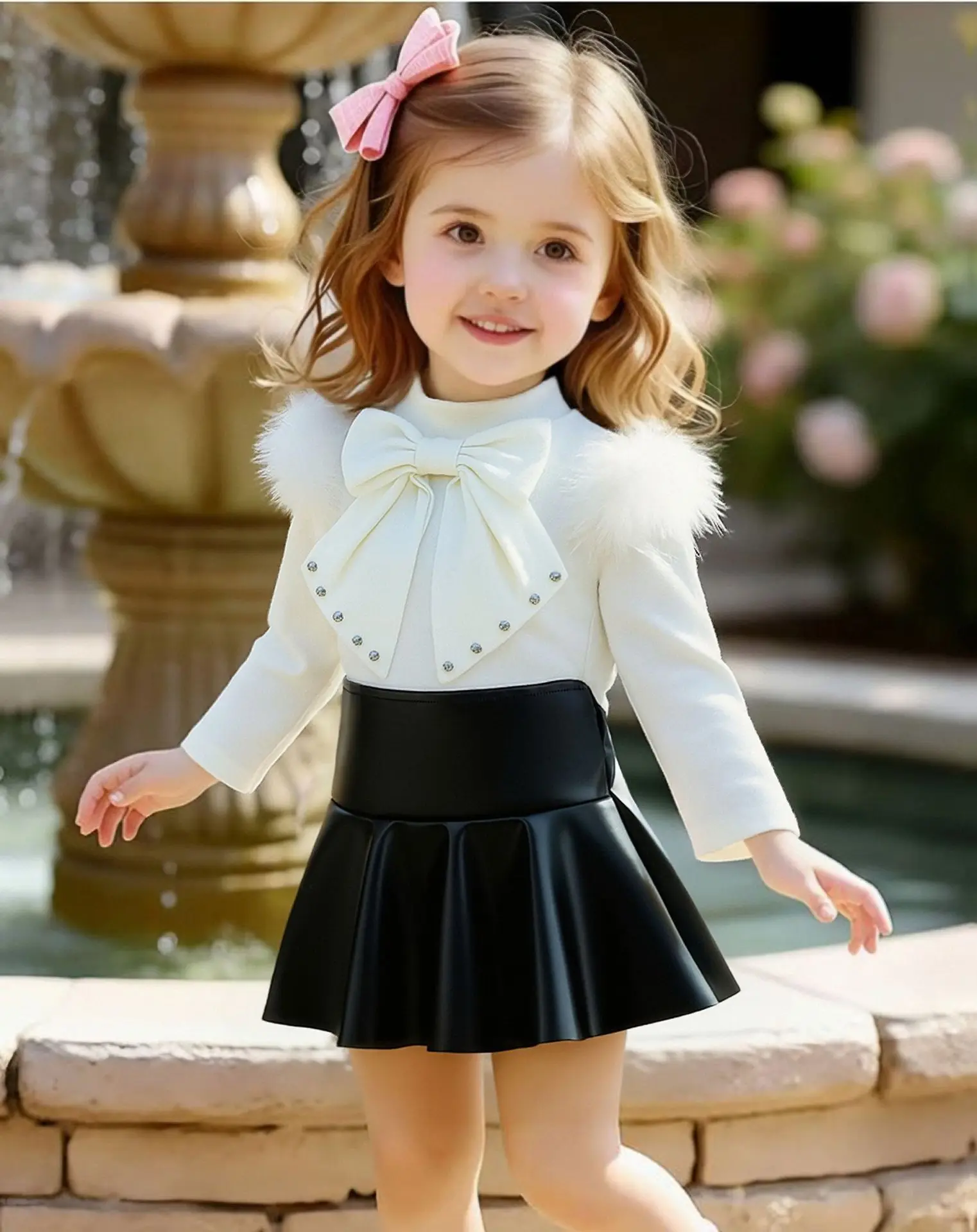 European and American Girls' Autumn New Bow Nail Bead Hairy Flying Sleeve Top PU Leather Pleated Skirt Two-piece Set