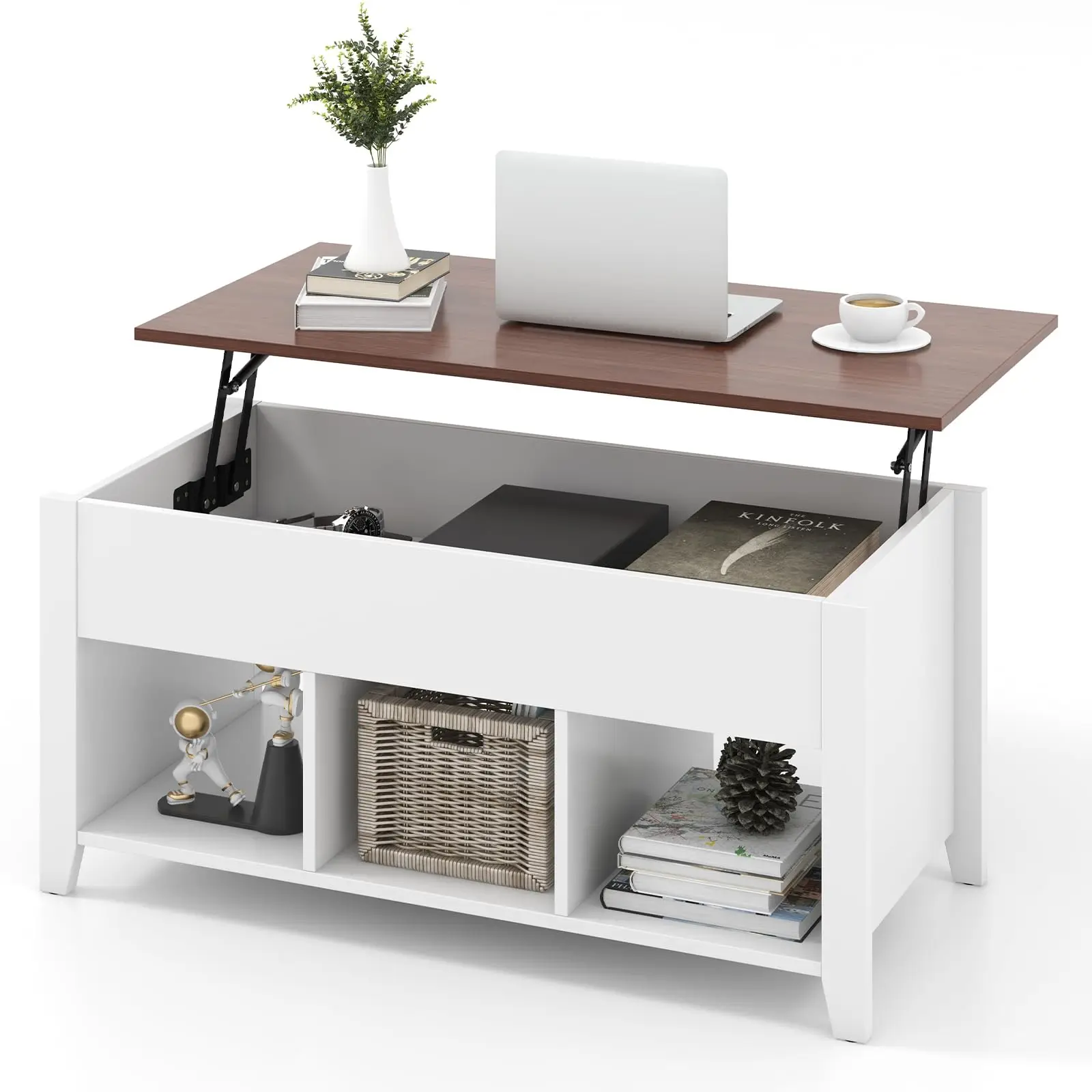 

Modern White Lift-Top Coffee Table With Hidden Storage Compartment And Three Open Shelves For Living Room