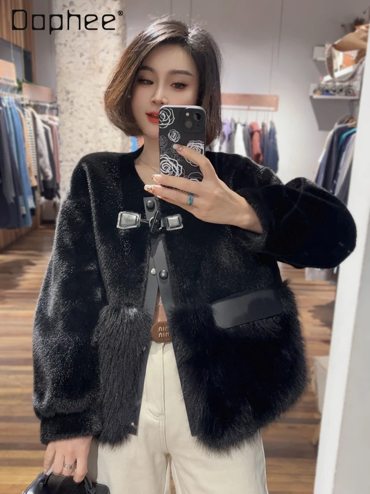 

2025 Winter New Elegant Faux Mink Fur Short Coat for Women Fashion Round Neck Long Sleeve Short Mink Eco-Friendly Fur Jacket