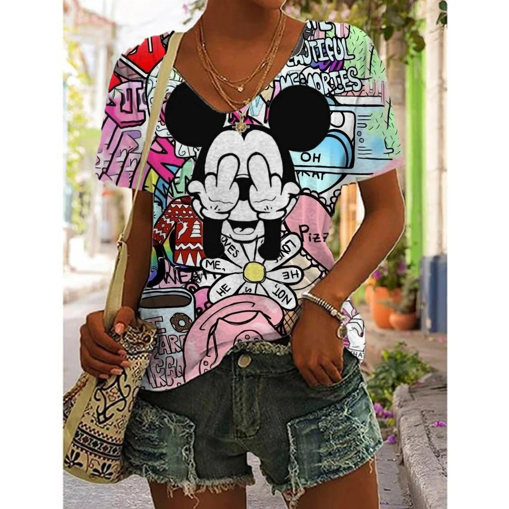 Disney Mickey Mouse Print Fashion Women\'s T-shirt Cute Girl Summer Harajuku Loose Casual Wear Kawaii V-neck Short Sleeved T-shir