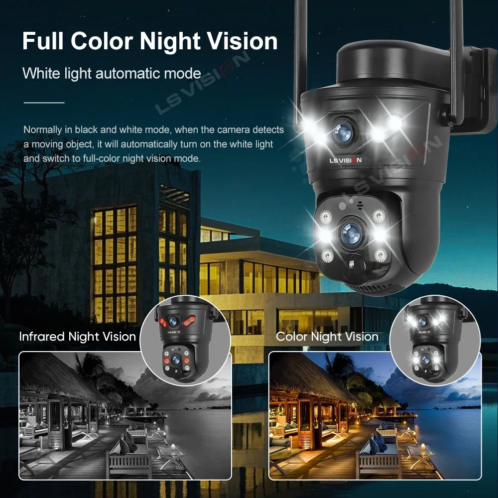 LS VISION 8MP 4G Sim كاميرا تعمل بالطاقة الشمسية شاشة مزدوجة لاسلكية في الهواء الطلق واي فاي PTZ 2-Way Talk Human Auto Tracking Security Camera V380 Pro