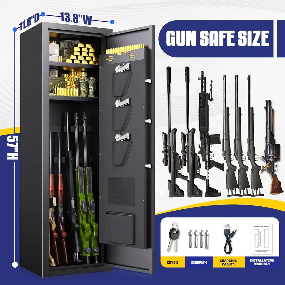 Biometric Fingerprint Lock Gun Safe for Rifles and Pistols - Fireproof, No Assembly Needed, with Removable Shelves and Alarm Sys