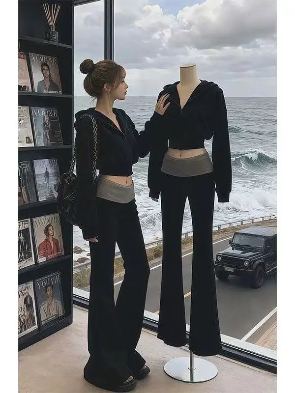 Laid-back Style Short Hoodie Two-piece Set Autumn Women's Fashion Slimming Casual Wear Ensemble French Style Zipper Design