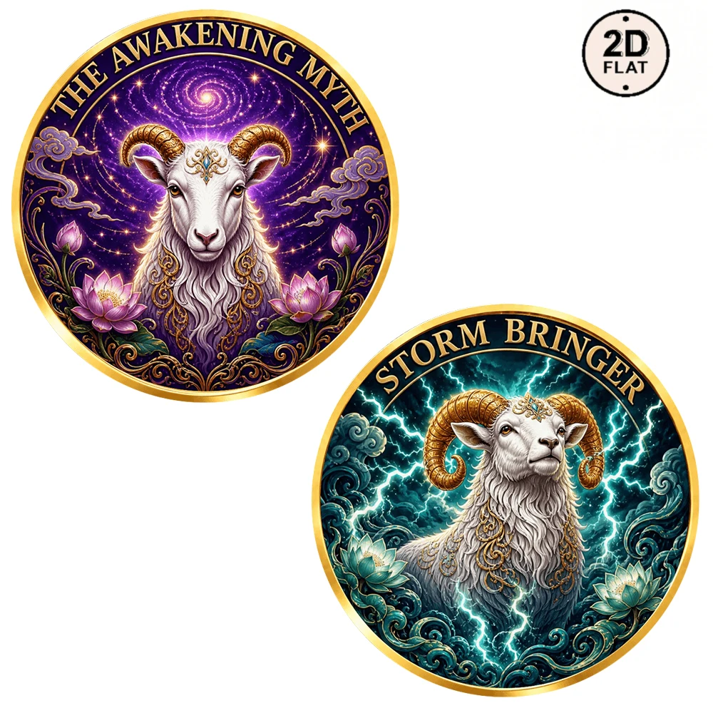 1pc Fantasy Storm Ram Metal Challenge Coin Color Print Awakening Myth Storm Bringer Ram Collectible Token Gift for Mythology Fan