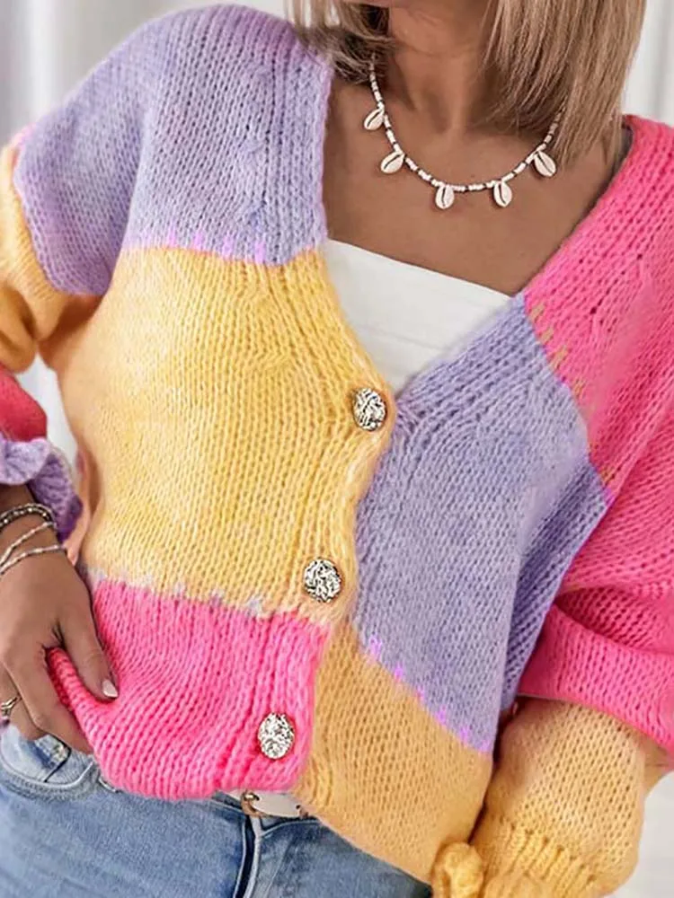 

2025 New Autumn Long Sleeve Women Sweater Sweet Casual V-neck Button Loose Sweater Jacket Elegant Color Blocked Knitted Cardigan