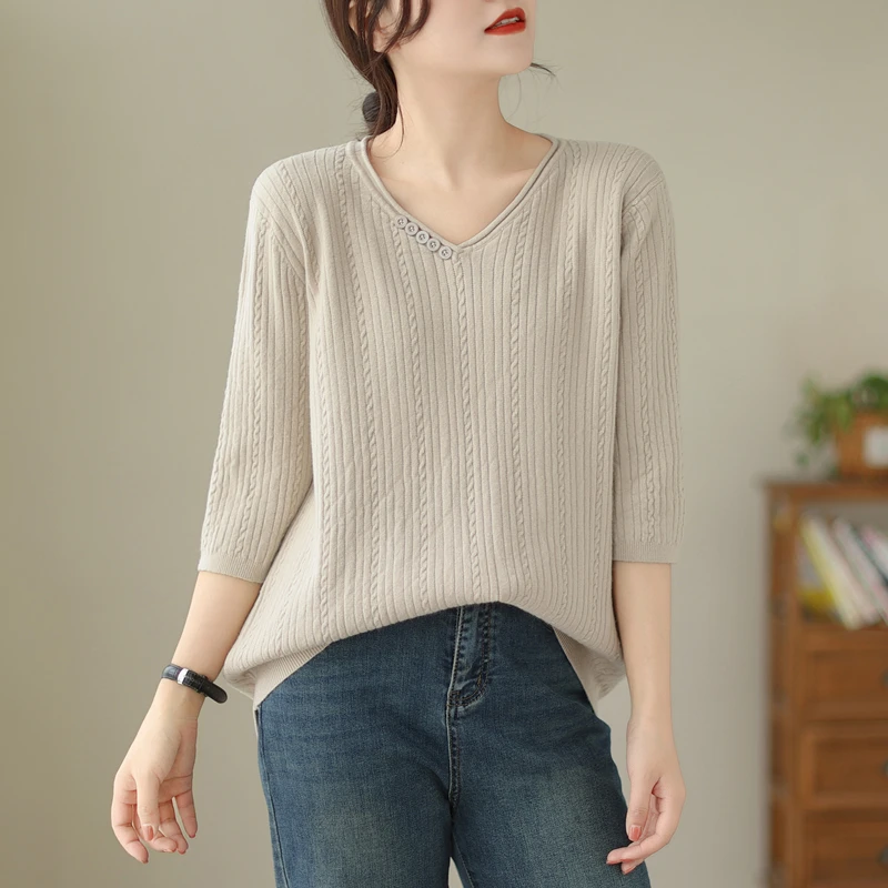 Blusa de Malha Fena Plus Size com Decote em V Solto para Outono Inverno, Csa Base de Manga Média Confortável e Respirável