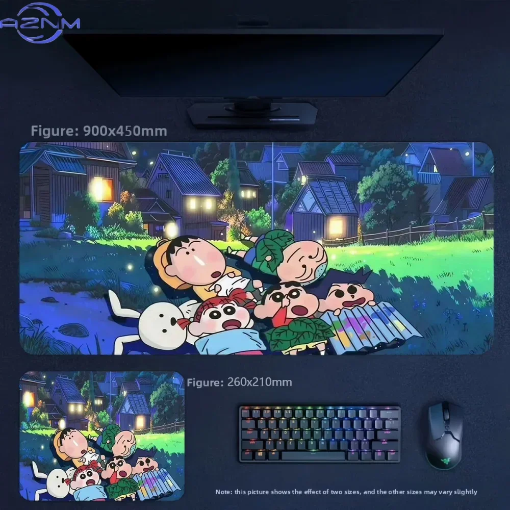 Anime Crayon Shin-chan Friends Running Near Windmill by Seaside Large Mousepad Rubber Non-Slip Gaming Desk Mat Keyboard Pad for