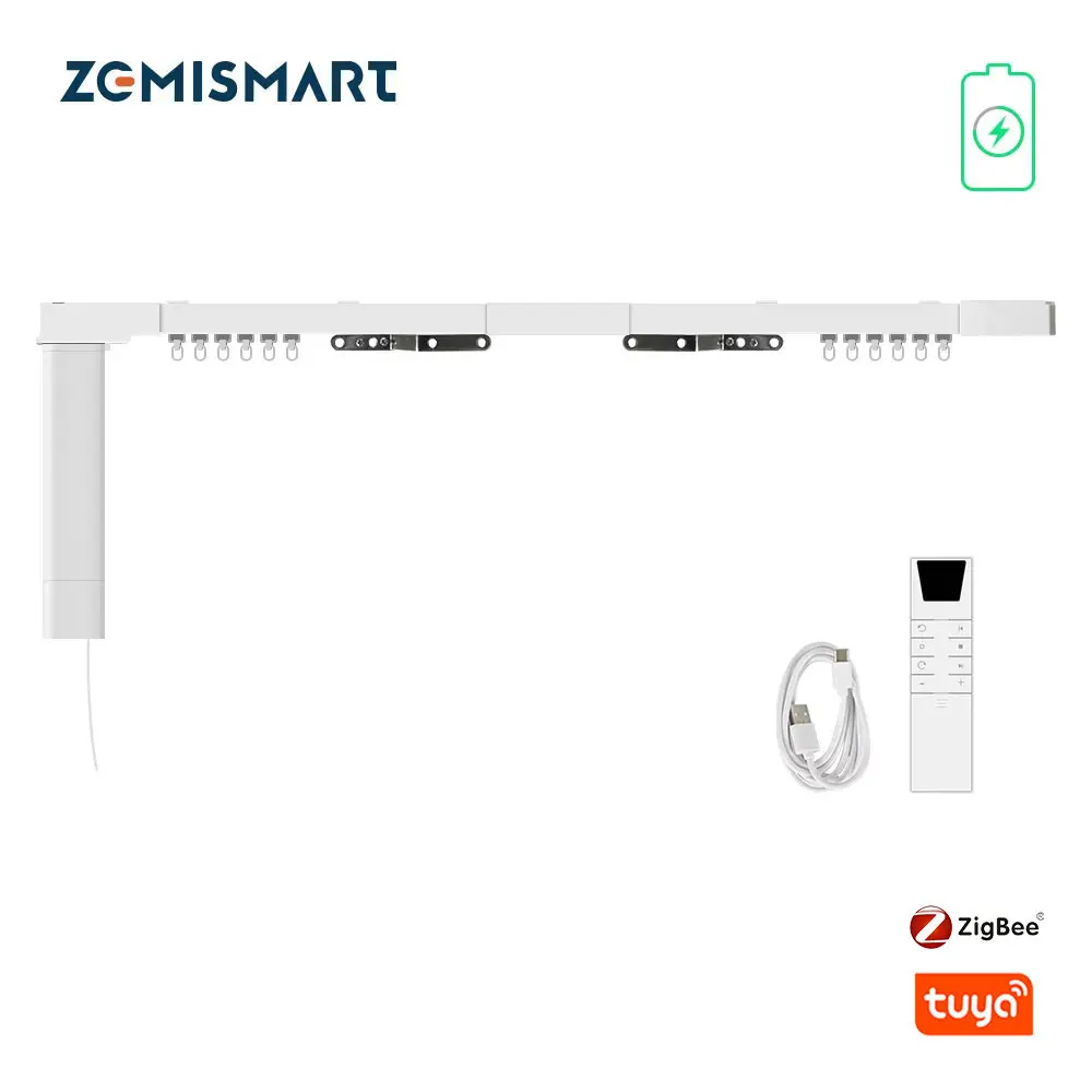 Zemismart Tuya Zigbee Electric Curtain Motor Built-in Battery with Sliding Track Alexa Echo Google Home Voice Control