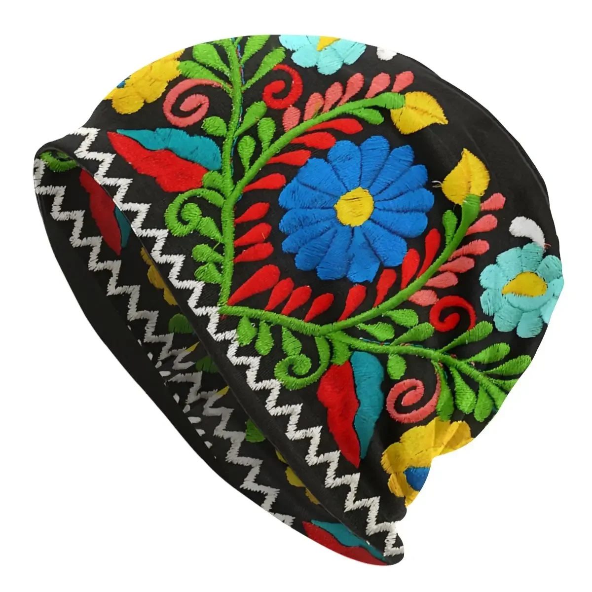 Mexican Embroidered Flowers Blue  Men Women Thin Beanies Cycling Ski Cap Double Layer Fabric Bonnet Hat