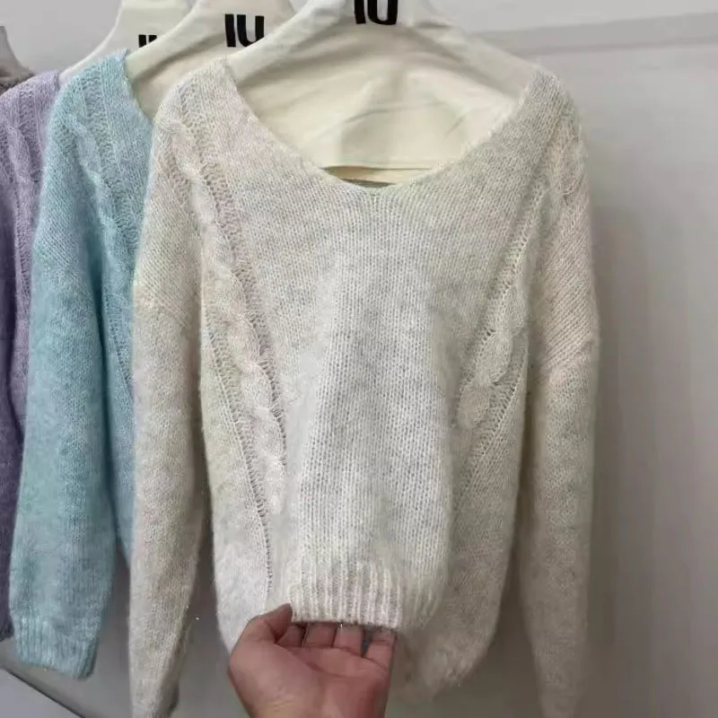 Suéter De punto para Mujer, jerséis nuevos De manga larga con cuello en V, suéter De punto informal, Jersey, Tops para Mujer, prendas De punto, suéteres De Mujer Q951