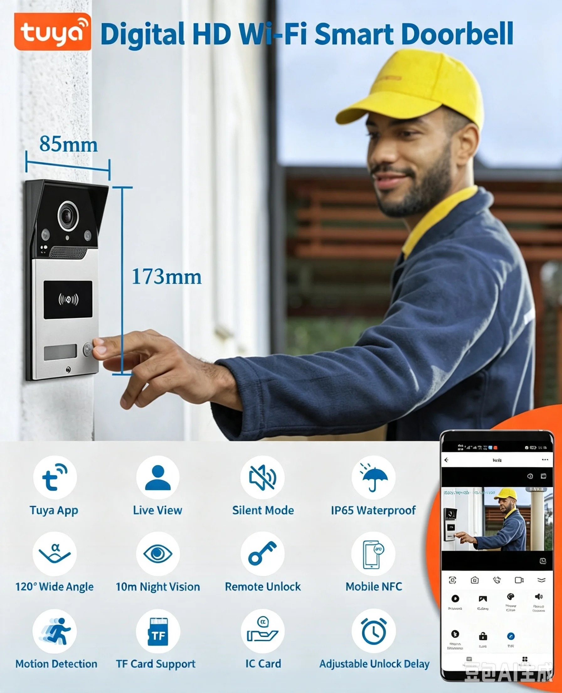 2MP 1080P Tuya APP Rifd/NFC  Wired  WIFI IP Doorbell Video Door Phone Visual Doorbell With Indoor Chime Door Entry Camera view 6