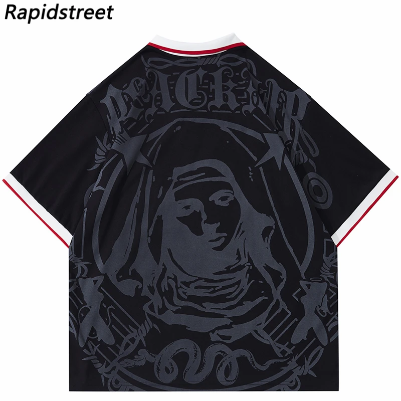 Hip Hop Streetwear Polo T-Shirt Virgin Mary Graphic T Shirt 2023 Men Polo Shirt Short Sleeve Harajuku Cotton Tops Tees Red Grey