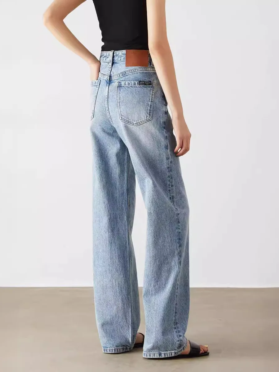 

Heavyweight Washed High Waist Straightleg Floorlength Jeans Flattering Cotton Denim Ladies Summer Fashion plus Size
