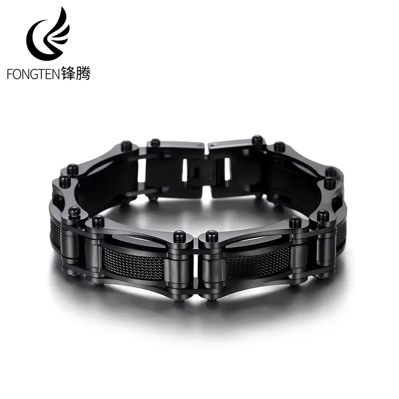 Fongten 21.5cm Biker Bicycle Motorcycle Chain Bracelet For Men Stainless Steel Wristband Bangle Bracelet Jewelry