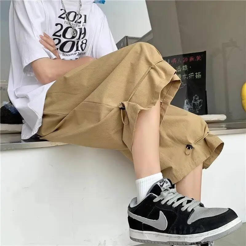 

Retro Japanese Loose Wide Leg Seven-Foot Pants ex Summer y Dstring Casual Workwear orts Straight Cut Polyester...