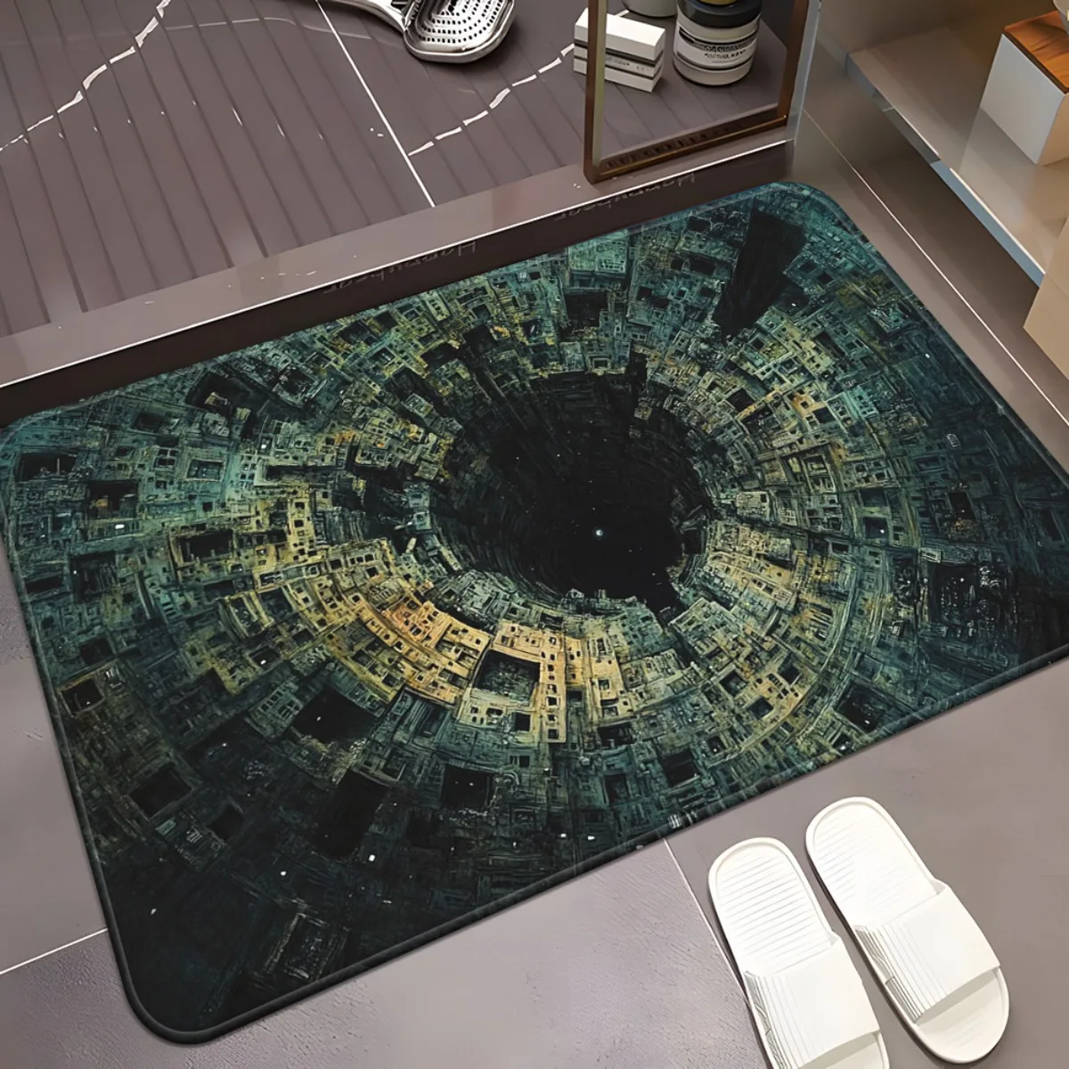 1pc Circular Dark Hole Stone Pattern HD Printed Non-Slip Absorbent Machine Washable Polyester Mat - Indoor/Outdoor Multi-Use Flo