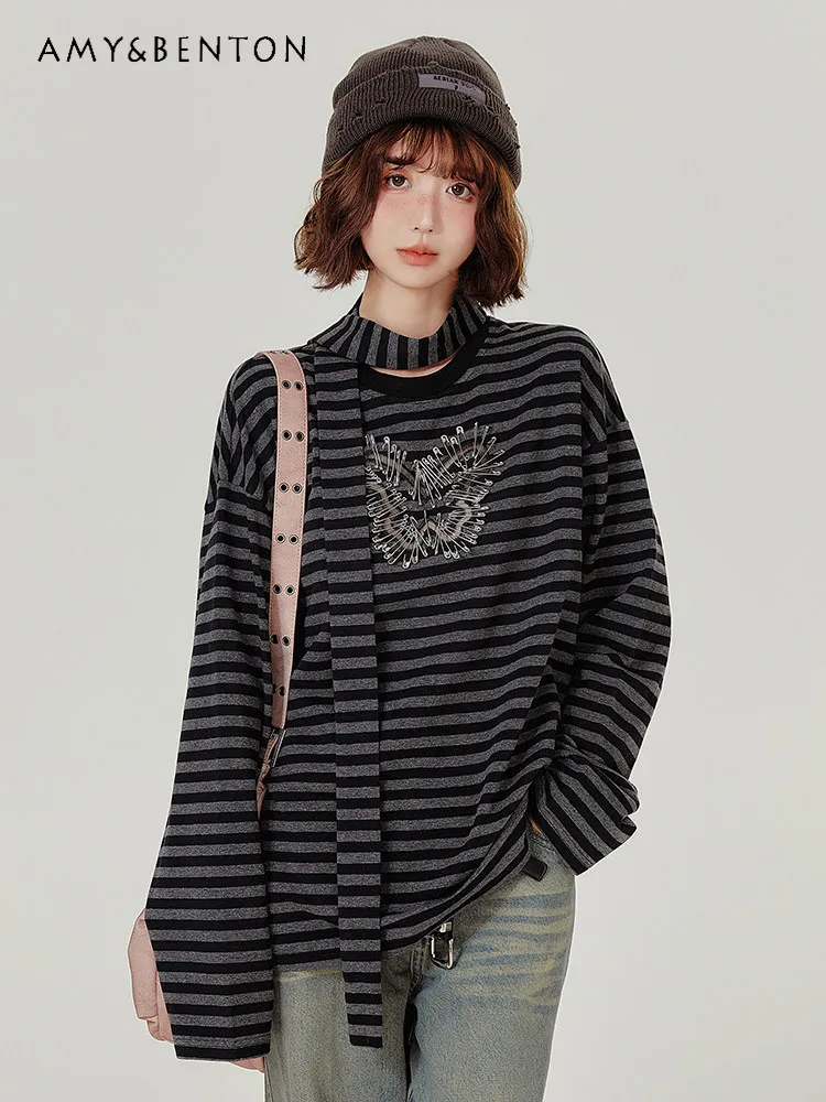 

Spring Autumn American Retro Style Butterfly Black and Gray Striped Loose Casual Round Neck Long Sleeve T-Shirt for Women