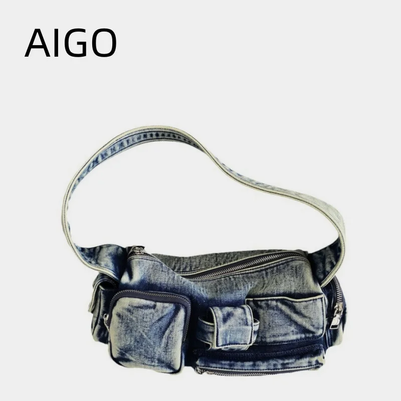 AIGO Women Denim Crossbody Bag Casual Large Capacity Shoulder Bag Vintage Solid Color Messenger Bag Multi-Pockets Commute Bag