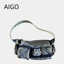 AIGO Women Denim Crossbody Bag Casual Large Capacity Shoulder Bag Vintage Solid Color Messenger Bag Multi-Pockets Commute Bag