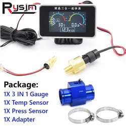 With Temperature Sensor 10mm 3 in 1 LCD Gauge Water Temp Meter + Oil Pressure + Voltage Gauges 1/8 NPT Press Sensor Adapter Kit