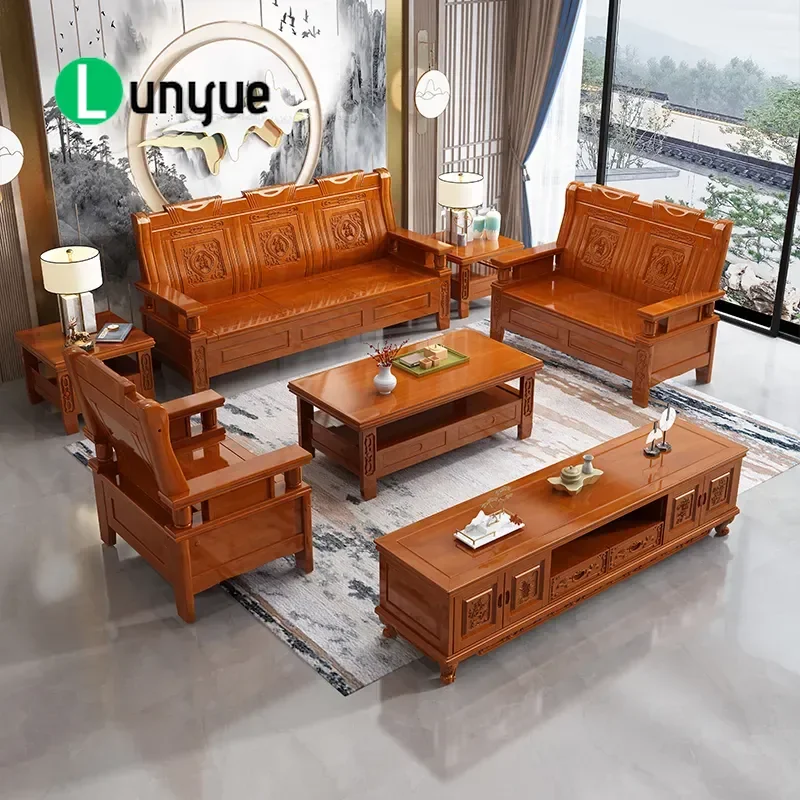 Solid Wood Sofa and Coffee Table Set Red Toon Tenon Mortise Living Room Furniture 2 3 Seater Rustic Home Decor Durable