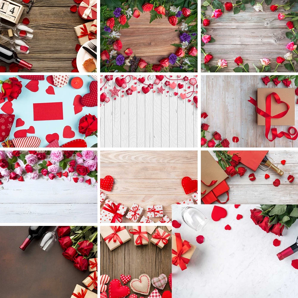 

MOON.QG Wooden Board Valentine's Day Backdrops For Photography Rose Heart Plank Background Lover Photo Studio Photocall Wall