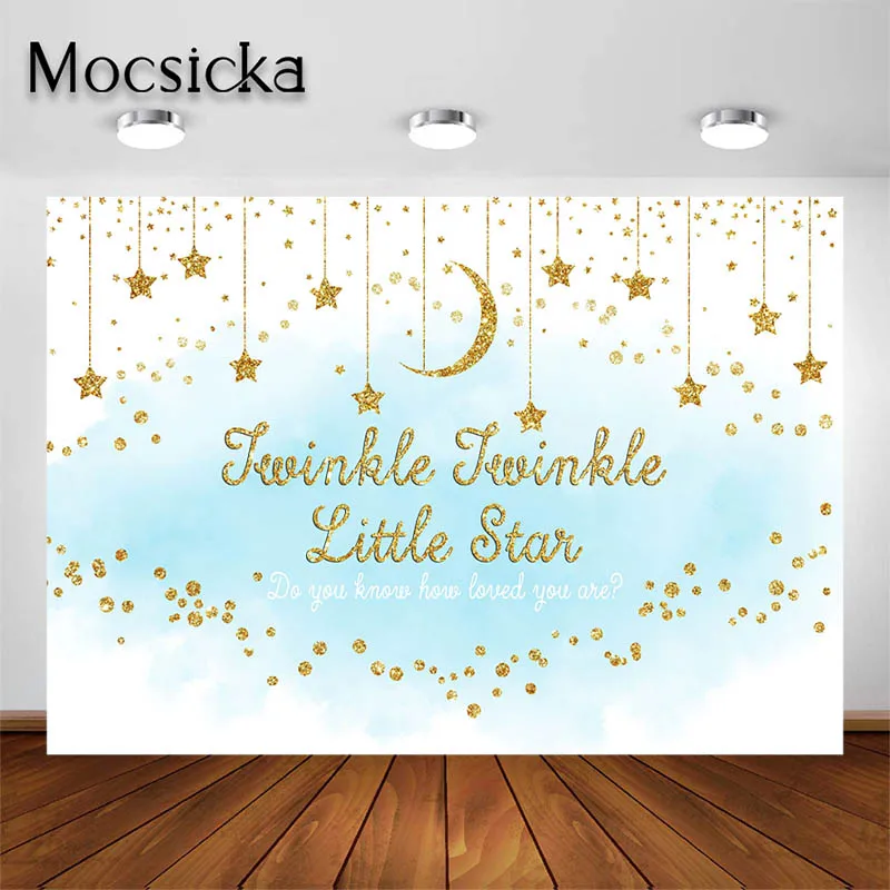 Mocsicka azul Baby Shower telón de fondo centelleante pequeña estrella fondo bebé niño retrato foto estudio Prop decoración de fiesta Banner