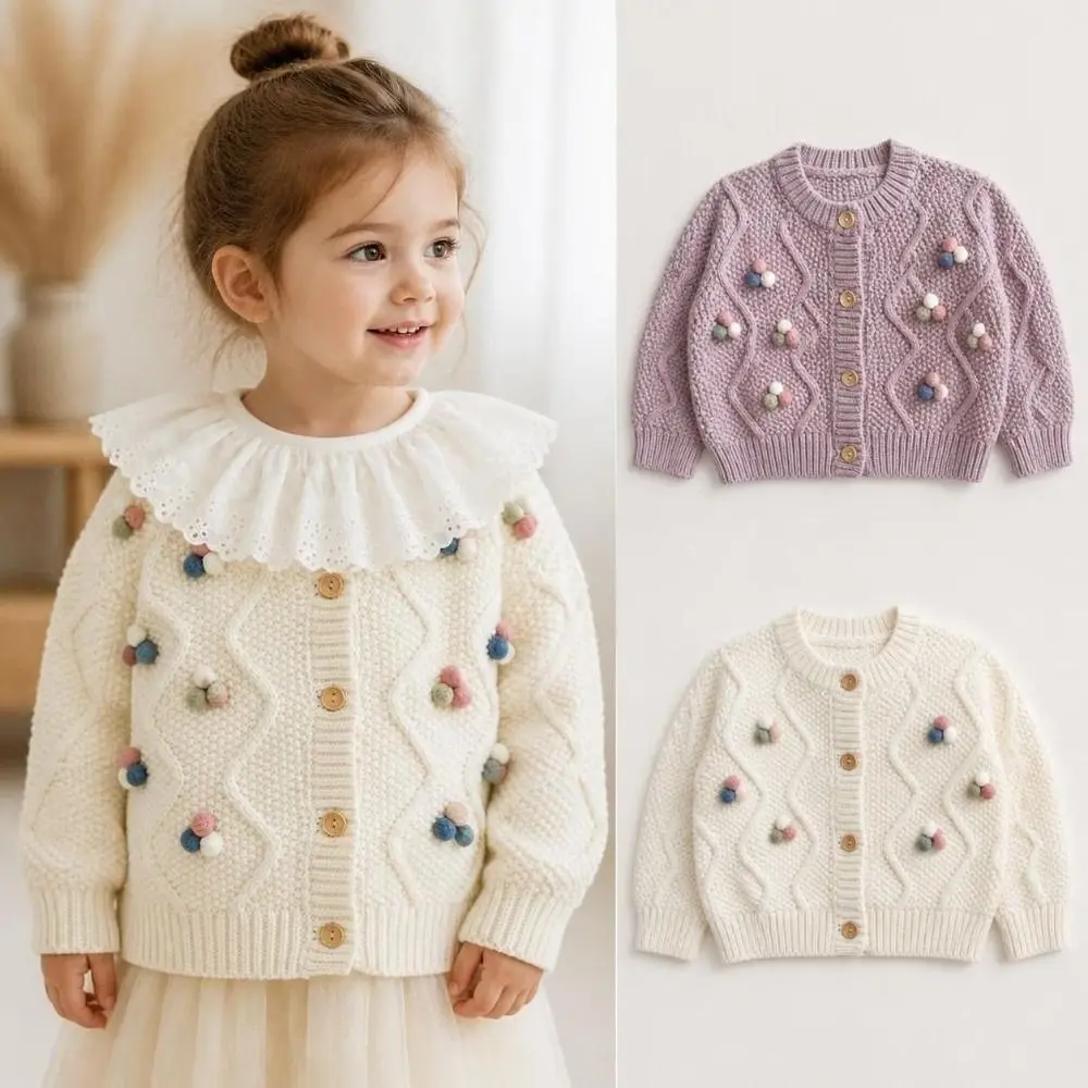 Fashion Sweet Knitted Sweater Warm Candy Color Knitted Cardigan Pom Pom Design Outerwear Autumn