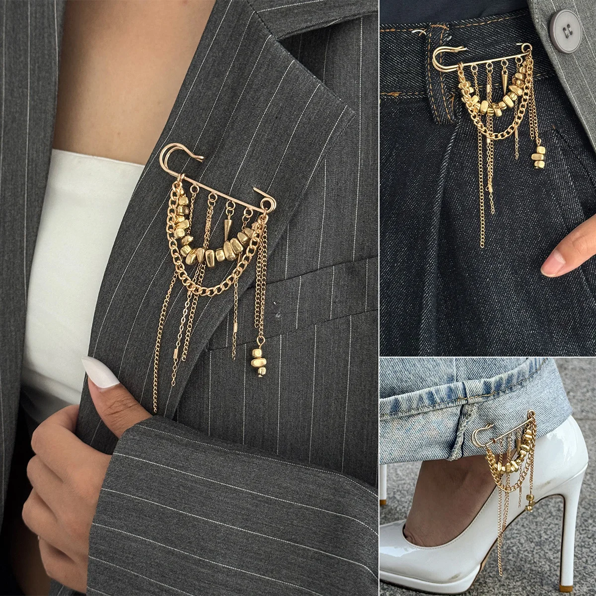 Multifunctional Beaded Tassel Brooch Pants Hem Clip Irregular Design Ins Minimalist for Work and Street