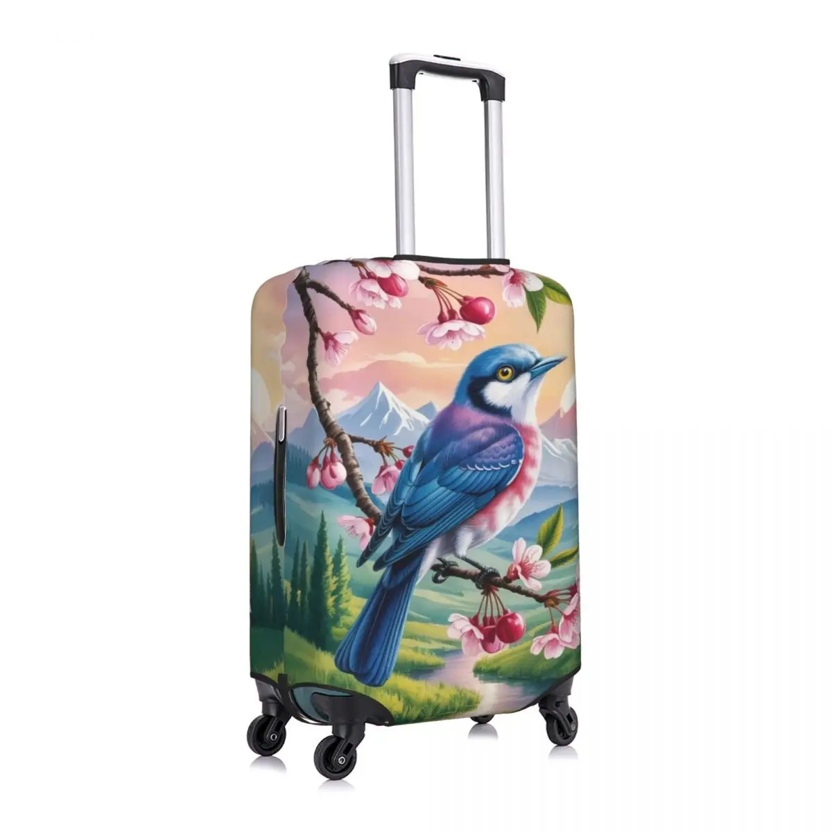 Funny Pastoral Songbird Cherry Blossom Mountain Sunset Luggage Cover Protector Washable Travel Suitcase Covers