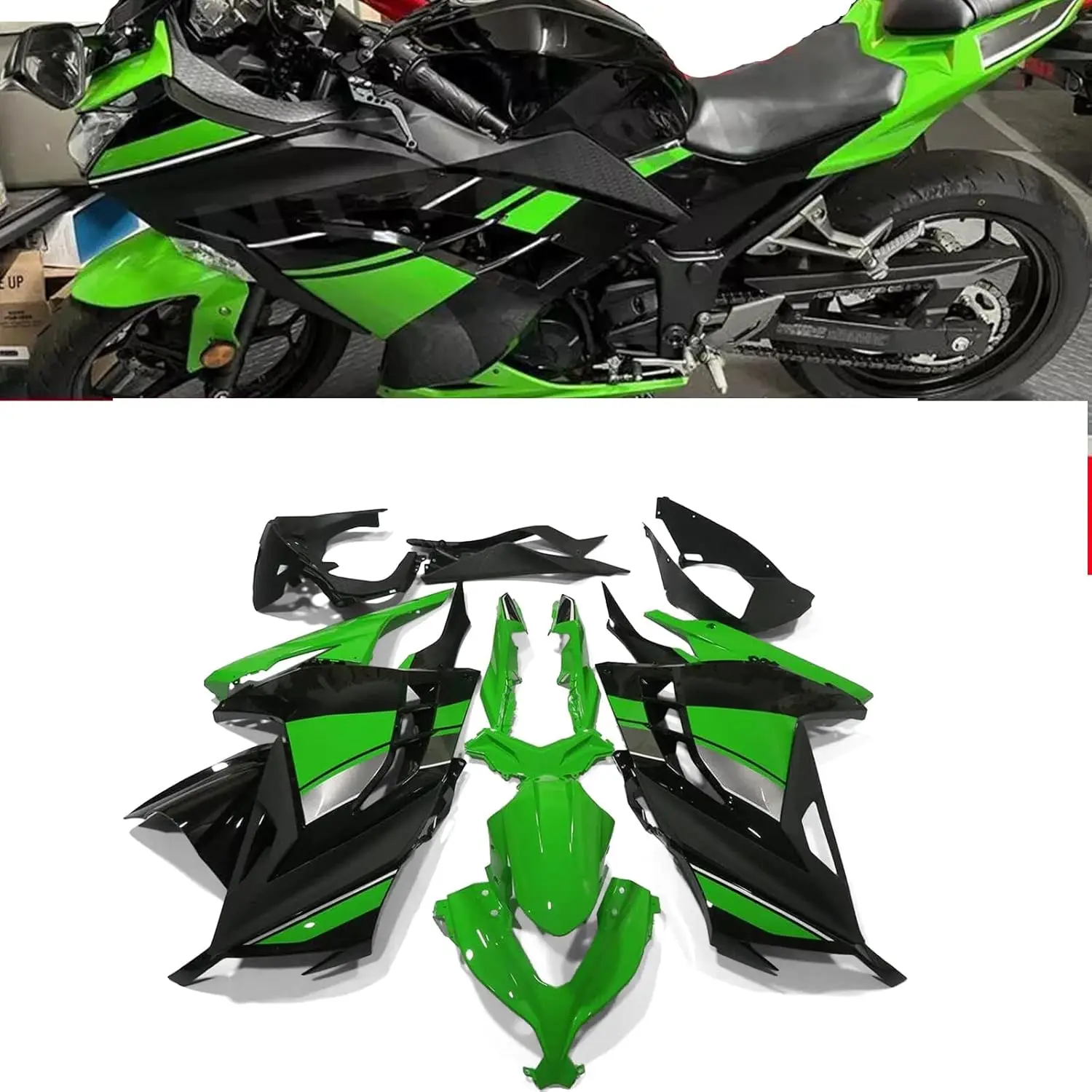 مجموعة هدايا سوداء مطلية باللون الأخضر مناسبة لـ Kawasaki Ninja 300 2013 2014 2015 2016 2017, Ninja250 2013-2015, ABS هيكل السيارة