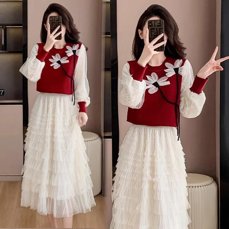 

Faionable Knitted Set Dr Autumn Long Net Gown Women's Sle French Sle Long Sve Plant Floral Pattern Luxury Design