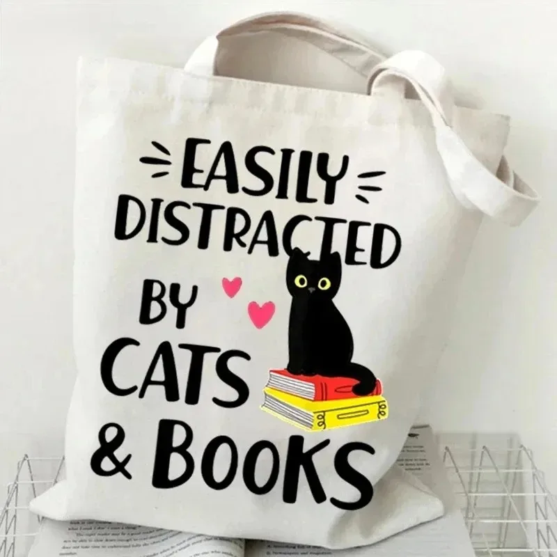 Fashion Music Symbol Cat Ladies Canvas Tote Bag Casual Shoulder Bag Eco Large Capacity Portable Travel Shopping Bag Schoolbag