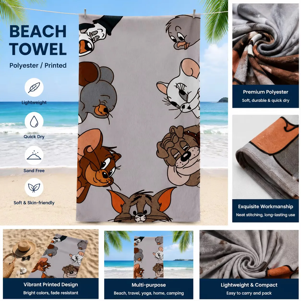 Tom and Jerry Cartoon Full Character Beach Towel Retro Portrait Print Microfiber Quick Dry Towel for Pool Camping Family Kids