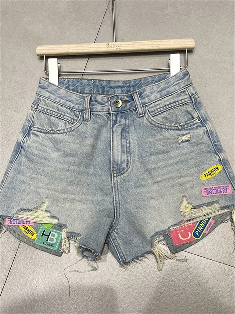 High Street Female Hit Color Patchwork Ripped Denim Shorts Women New Summer High Waist Casual Loose Wide Leg Short Jeans