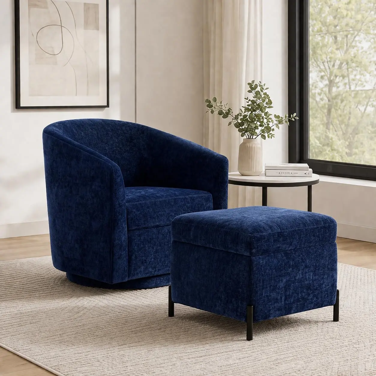 Chenille Swivel Accent Chair & Ottoman, 360° Barrel Upholstered Footrest, Modern Comfy for Living Room Bedroom, Customized