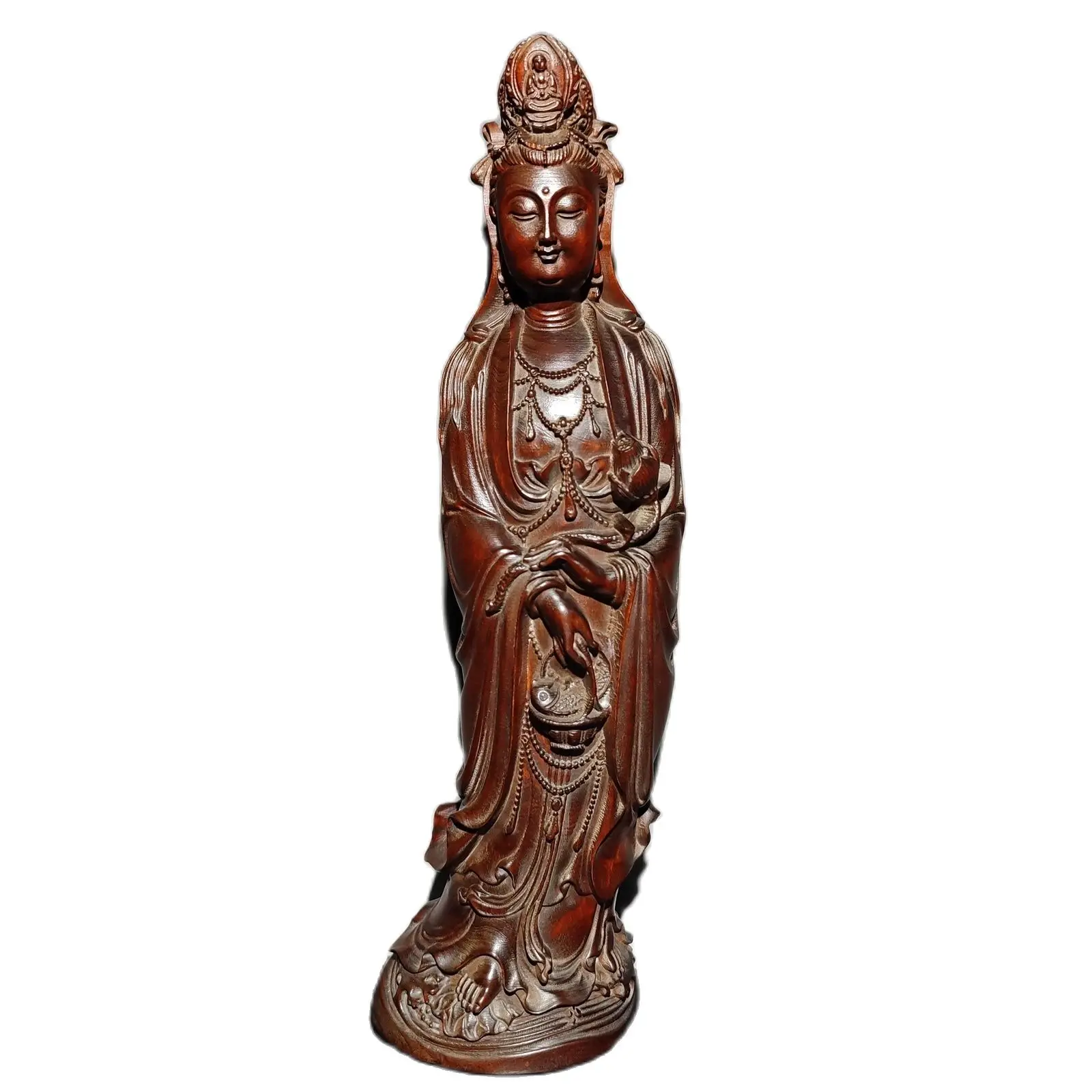 

vintage carving wooden Kwan-yin bodhisattva buddhist basket guanyin praying wood sculpture statue desk Study souvenir