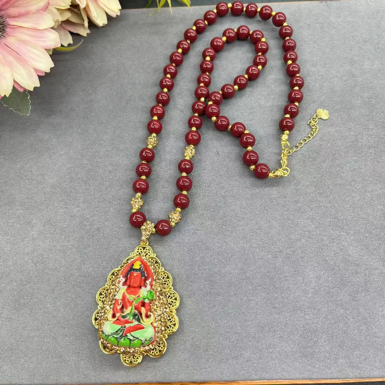 

DIY accessories Autumn and winter new cinnabar Buddha pendant sweater chain live broadcast full diamond design