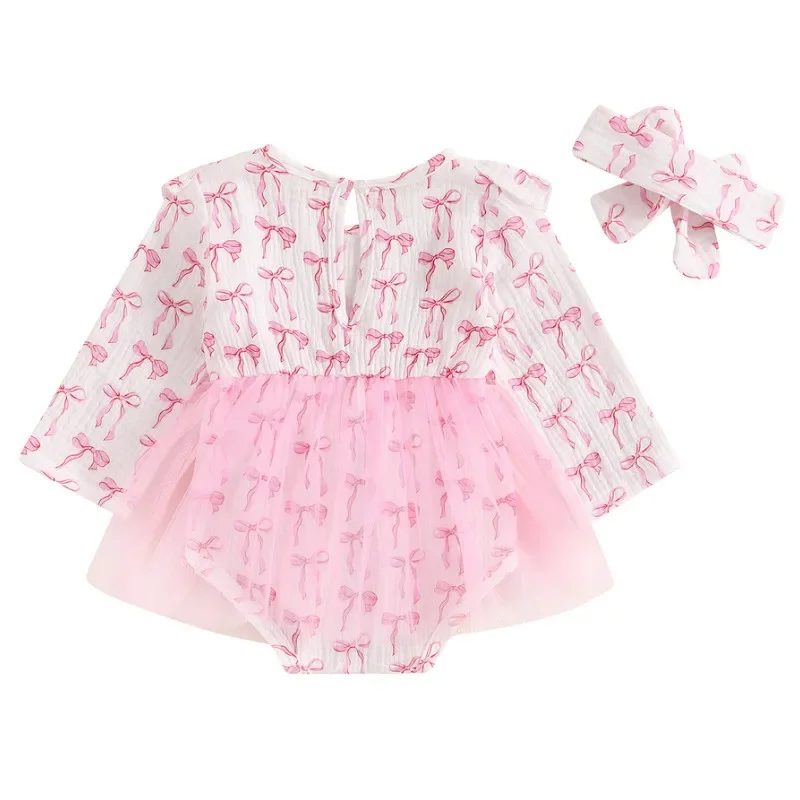 Baby Girl Bodysuit Bow Long Sleeve Crew Neck Tulle Skirt Hem Jumpsuit Headband Newborn Spring Autumn Clothes 0 to 18 Months