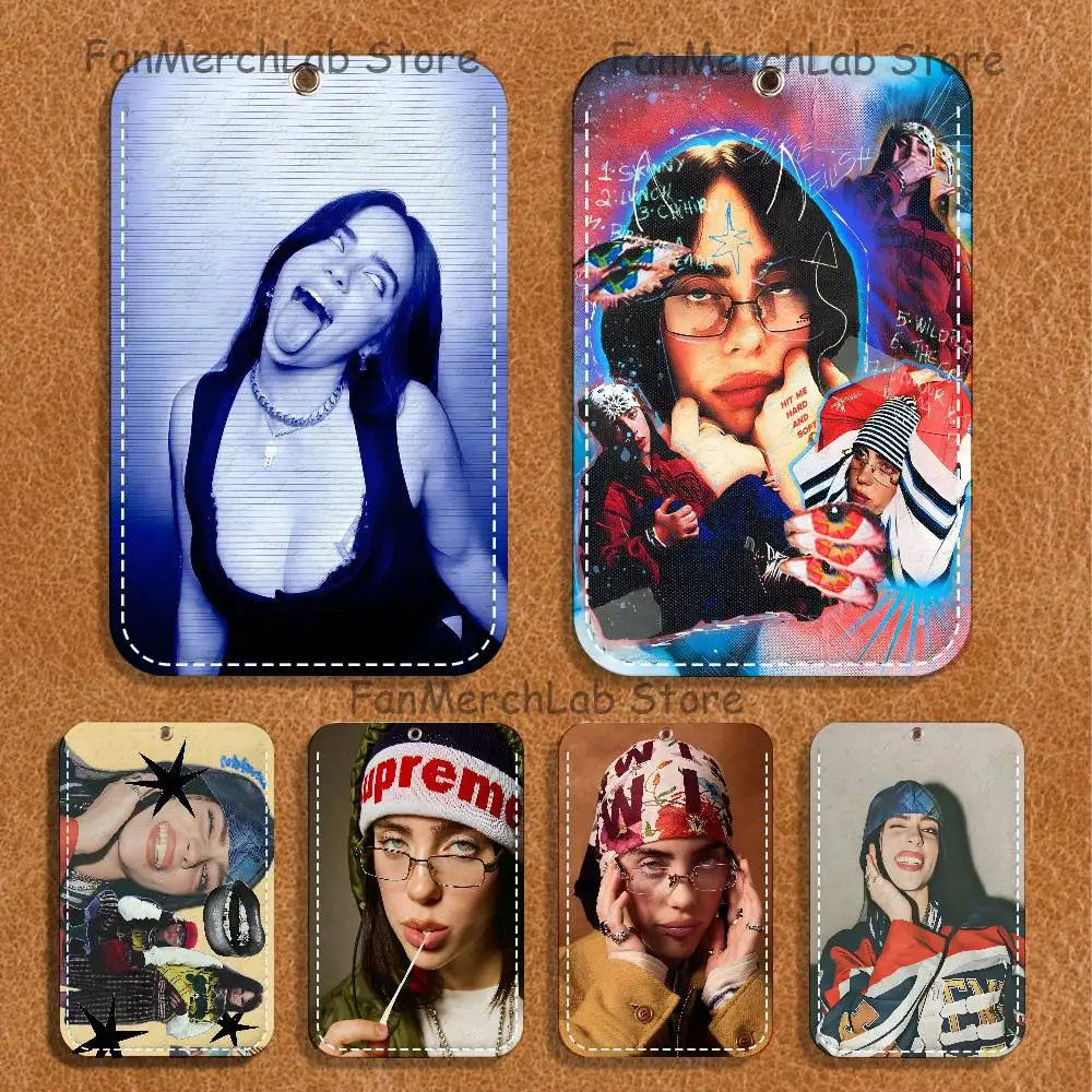 B-BillieS Singer E-Eilish Pattern 1Pc PU Leather Card Holder Keychain Key Ring Door Lock Access Tags ID Card Case Keychain Card
