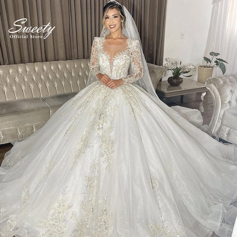 

Luxurious Wedding Dress Embroidered Lace On Net With Beading Princess Ball Gown Train O-Neck Full Sleeve Button Vestido De Novia