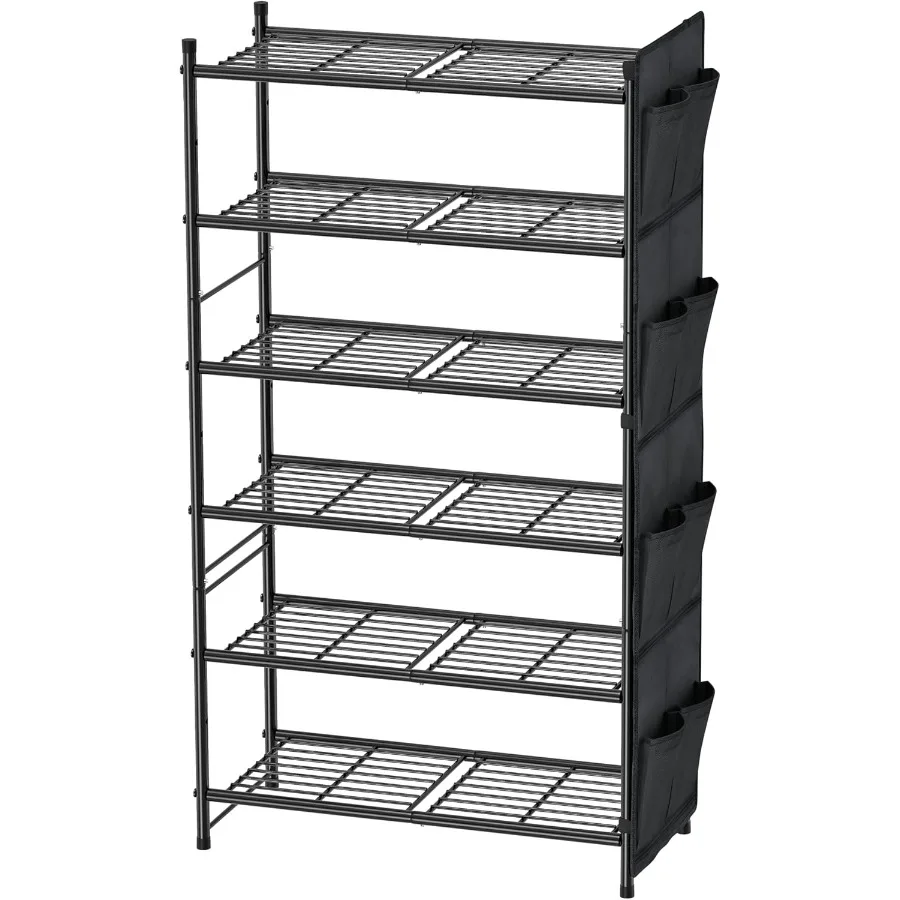 

6 Tier Metal Shoe Rack 27 Inch Wide Shoe Organizer Storage 2024 Pairs for Closet Large Free Standing Shoe Shelf with Side Pocke